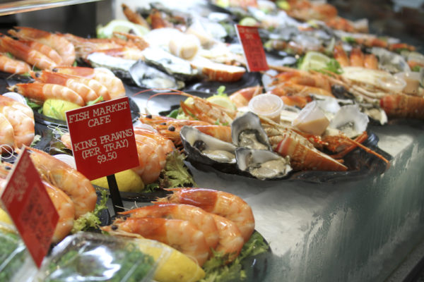 Comidinhas no Mercado dos Peixes de Sydney na Australia