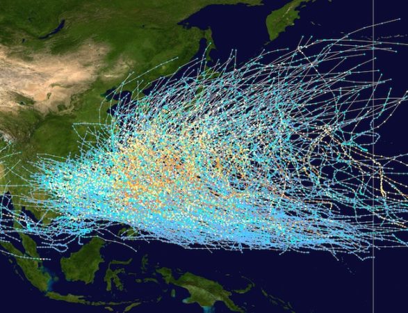 Trajetória dos tufões entre 1980 e 2017